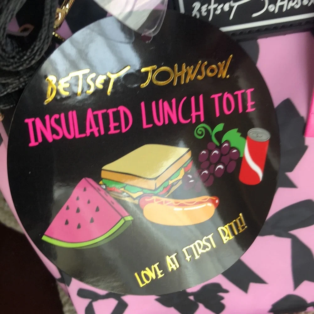 Betsey Johnson Pink and Black Bow Insulated Lunch Tote Bag